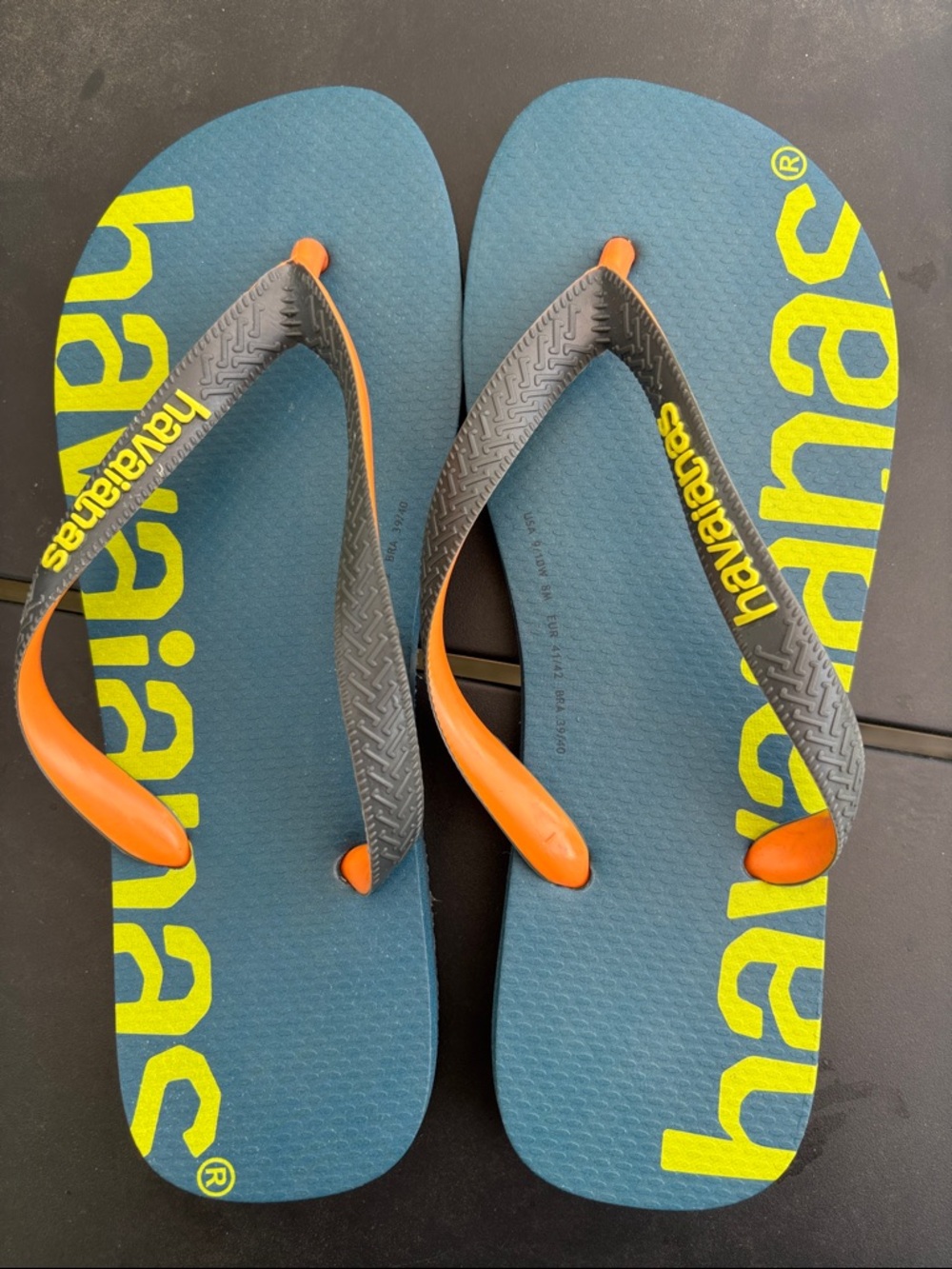 Havaianas Teal Footbed Flip Flops with Orange Straps and Yellow Logo